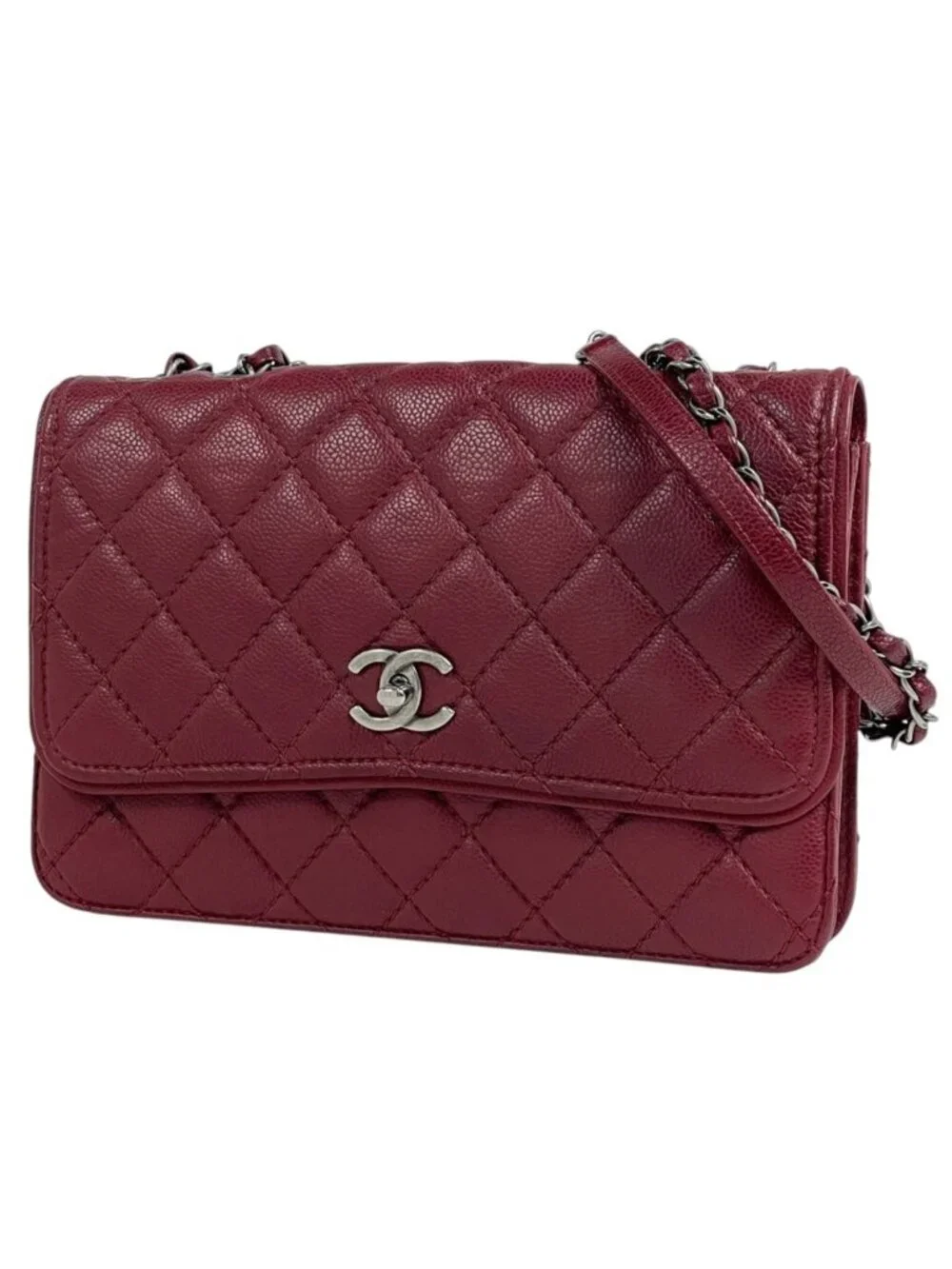 Chanel Shoulder Bag CC Logo Quilted Chain Caviar Leather Bordeaux
